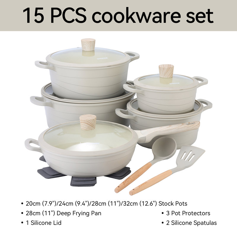 Ensemble de casseroles et de poêles Wave Design, batterie de cuisine antiadhésive, batterie de cuisine à induction 15 pièces, batterie de cuisine 3 Q / 5 Q / 8 Q / 12 Quart, poêle à sauter profonde