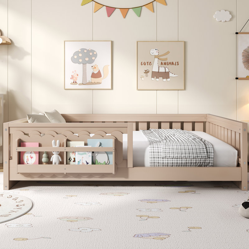  Full Size Wood Platform Bed with Guardrail and 2 Bookshelves, Natural, Beige, Full