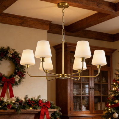6-Light Modern Farmhouse Brushed Gold Chandelier with White Glass Shades, Adjustable Pendant Lighting Fixture