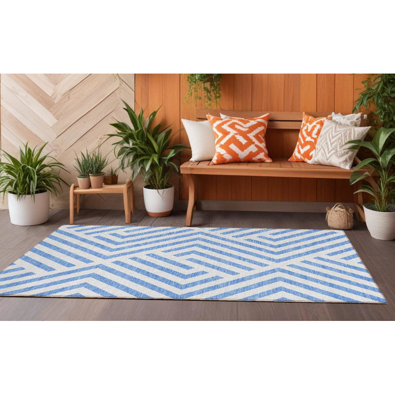 Tapis de couloir intérieur et extérieur géométrique lavable bleu et ivoire HomeRoots