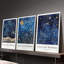 Ensemble de 3 affiches encadrées, reproductions sur toile de coton de William Morris - Ciel étoilé avec soleil, lune, oiseau et motifs floraux, décoration vintage inspirée de l'histoire textile britannique, idéale pour le salon, la chambre ou la décoration intérieure.-1856350053