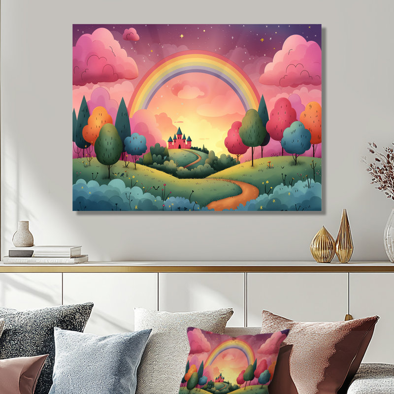 Pépinière fantaisie château arc-en-ciel - art mural arc-en-salon, Sans cadre en métal, 30" H x 40" W