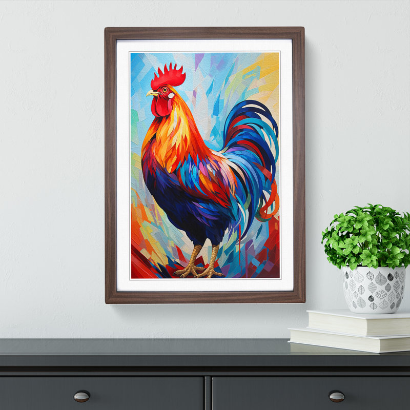 Rooster Abstract No.3 - Single Picture Frame Print on Wood, 64cm H x 46cm W x 2cm D, Walnut