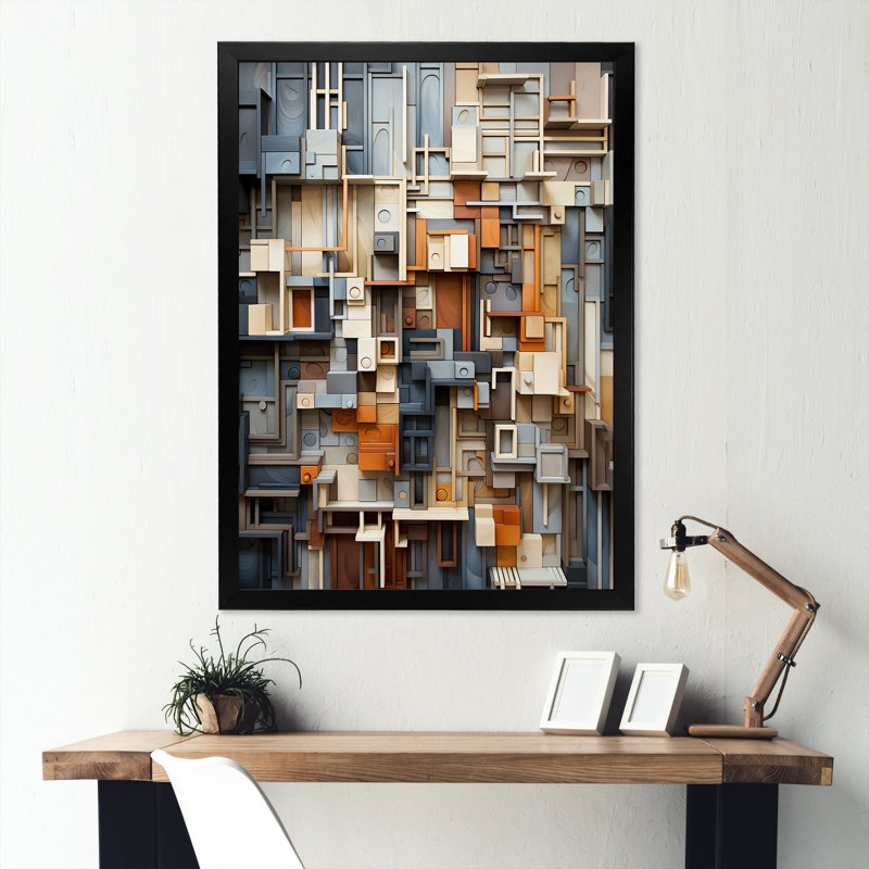 Abstrait taupe, bâtiment I, sur toile, H 44 po x l 34 po x P 1,5 po, Cadre simple noir