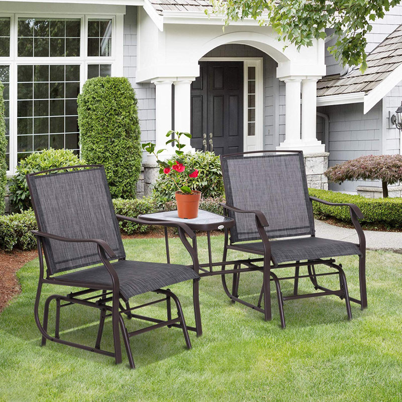 Cheryl Outdoor Double Glider Rocking Chairs with Glass Top Table Grey