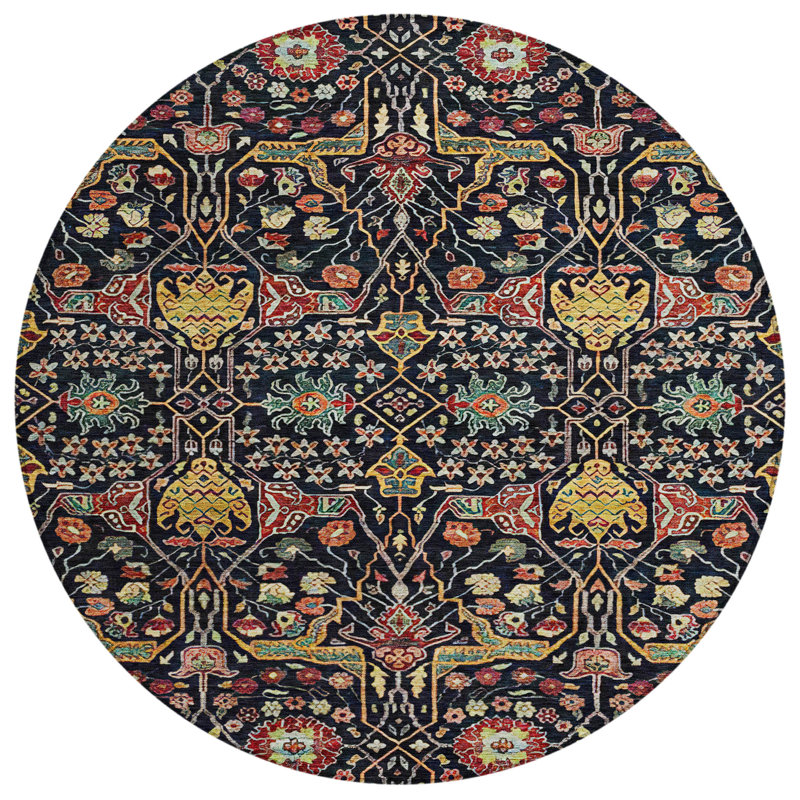 Round Black and Multicolor Synthetic Washable Area Rug