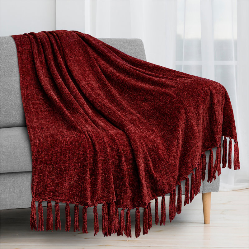 Burgundy Red Chenille Knitted Throw Blanket with Tassel Fringe