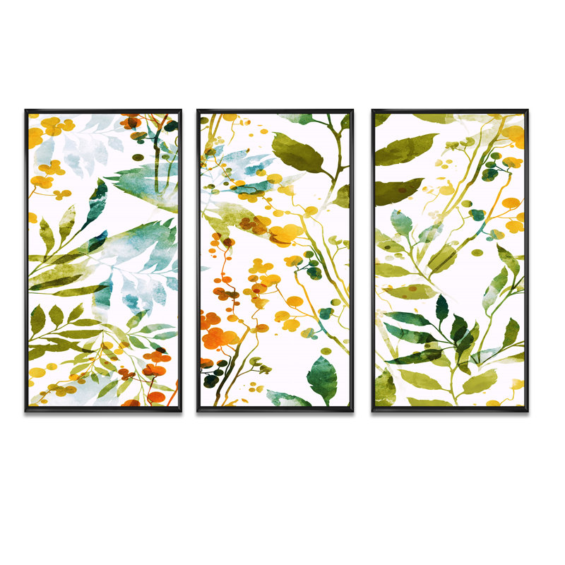 «Spring Herbs Flowers And Leaveson White», ensemble de 3 reproductions d'art encadrées sur toile, Noir, H 28 po x l 36 po