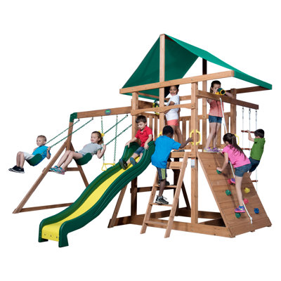 Backyard Discovery Mount Mckinley Cedar Wood Swing Set with Wave Slide, Play Deck, Double Rock Wall, and Rope Ladder
