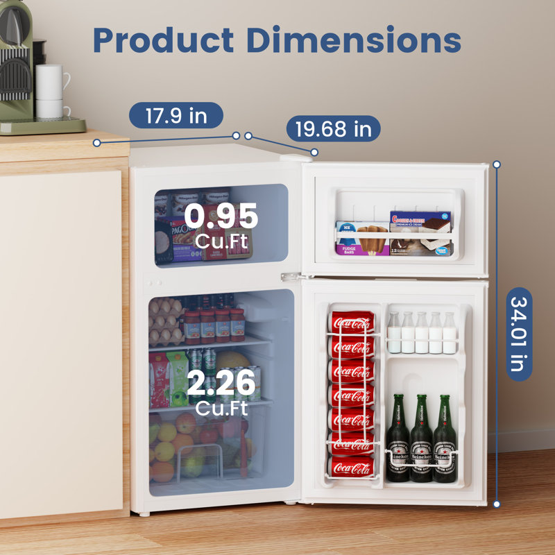 Mini réfrigérateur compact avec congélateur à 2 portes avec température réglable et faible bruit pour appartement, dortoir, bureau, blanc
