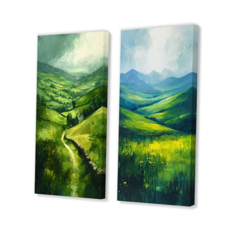 Green Emerald Hills In Ireland I - ensemble d'art mural irlandais 2 pièces, H 28 po x l 24 po, Toile tendue