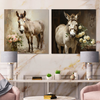 Farmhouse Donkey In Field I - Donkey Canvas Art Print Set Of 2
