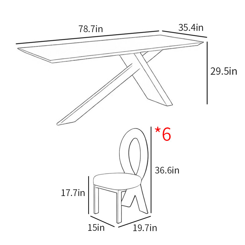 Ensemble de table de salle à manger rectangulaire de style français, Noir, H 29,5 po x L 78,7 po x l 35,4 po