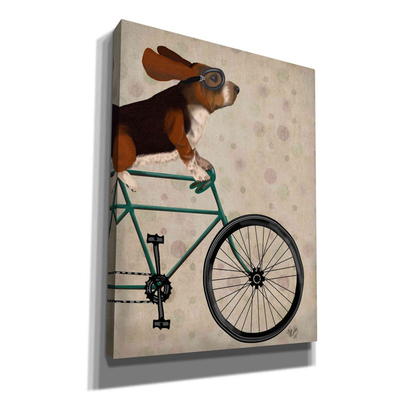«Basset hound on cycle» par Fab Funky, art mural sur toile, H 18 po x l 16 po x P 0,75 po