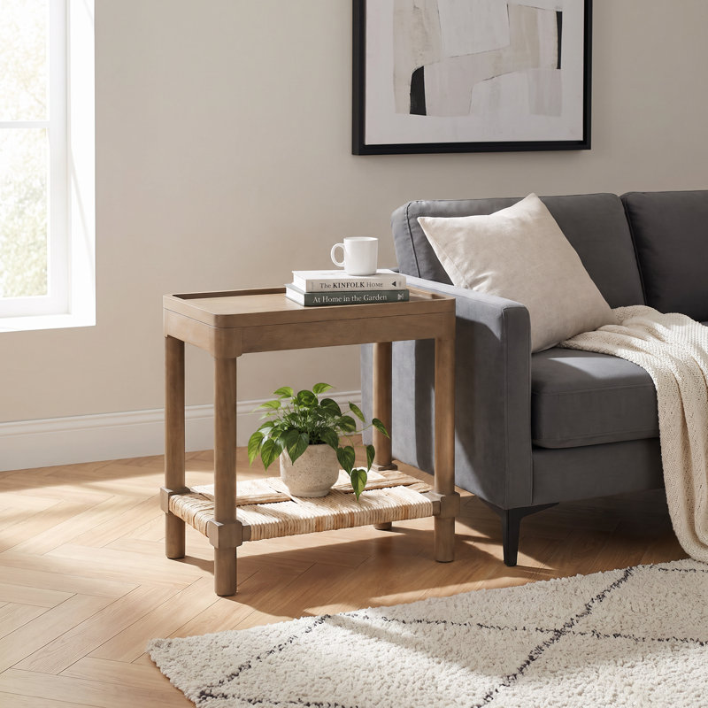 Cordel Tray Top Side Table With Rush Shelf, Chestnut Brown