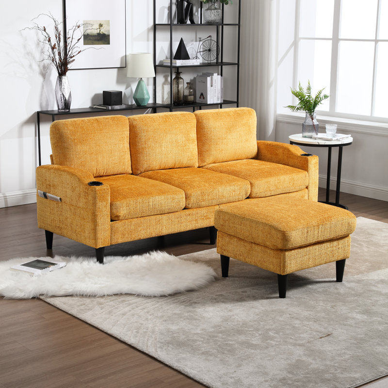 Canapé modulaire en chenille jaune, 3 pièces avec rangement et porte-gobelet