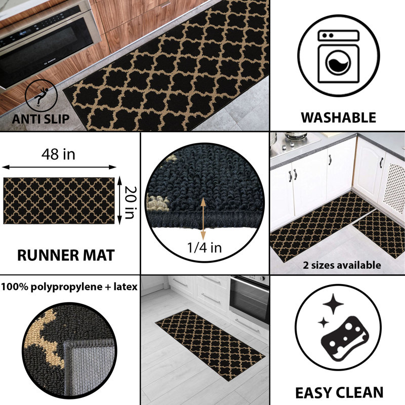 Multi-Size Wool-Effect Classic Arabesque Kitchen Runner Mat, Low-Profile, Stain-Resistant, Non-Slip, Runner 4' x 1'7"
