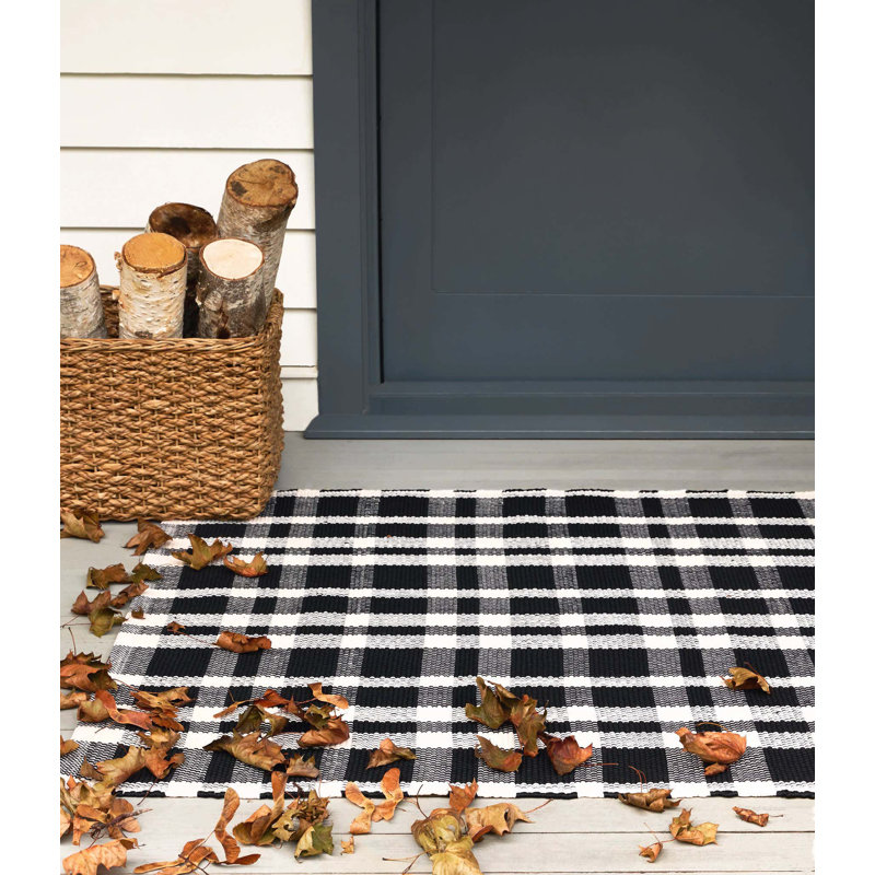 Tattersall Black Handwoven Indoor/Outdoor Rug, Runner 2'6" x 18'