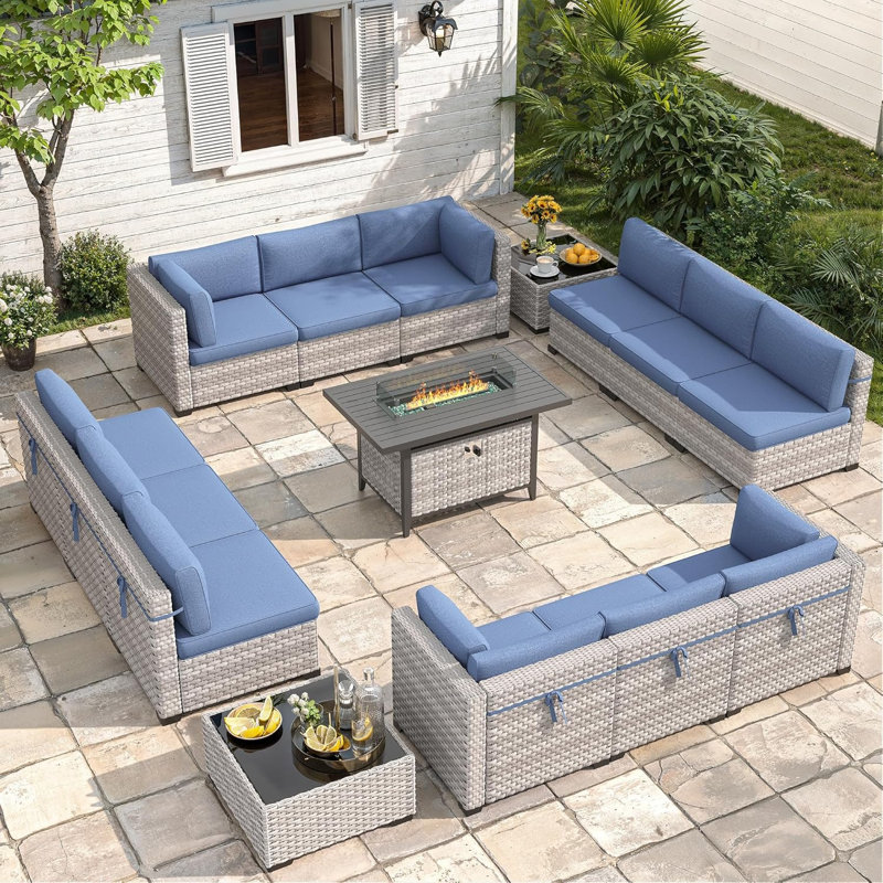 12 - Person Outdoor Wicker Patio Conversation Furniture Set with Fire Pit Table, Navy