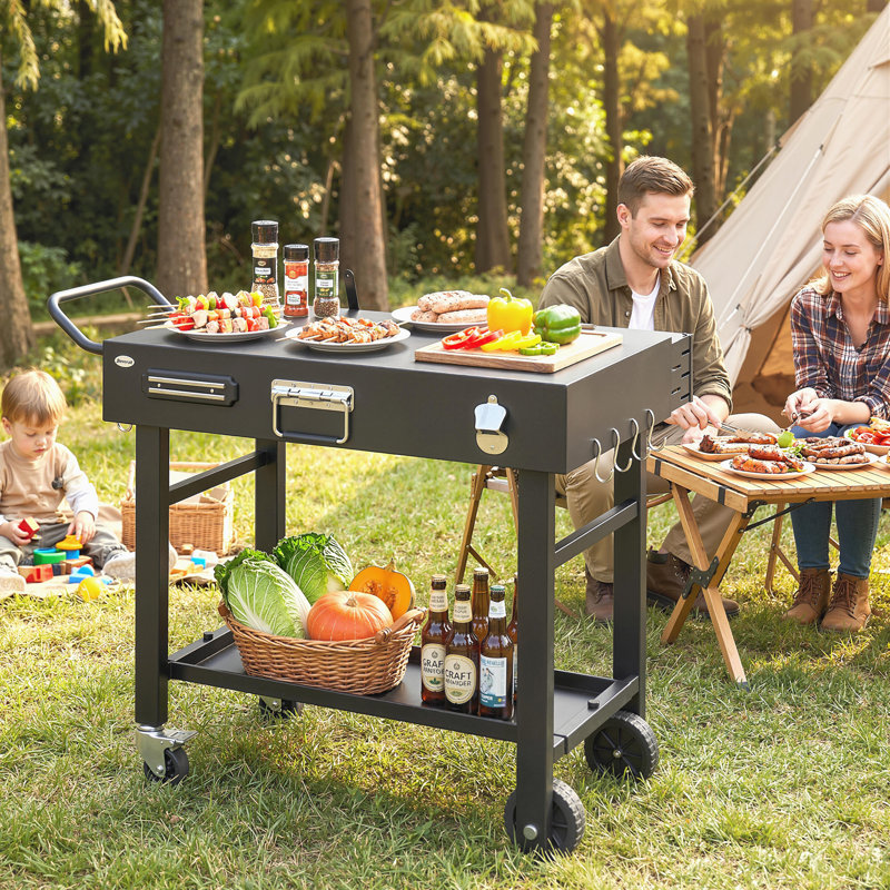 Chariot de barbecue, table de barbecue pliable avec porte-couteau magnétique, noir