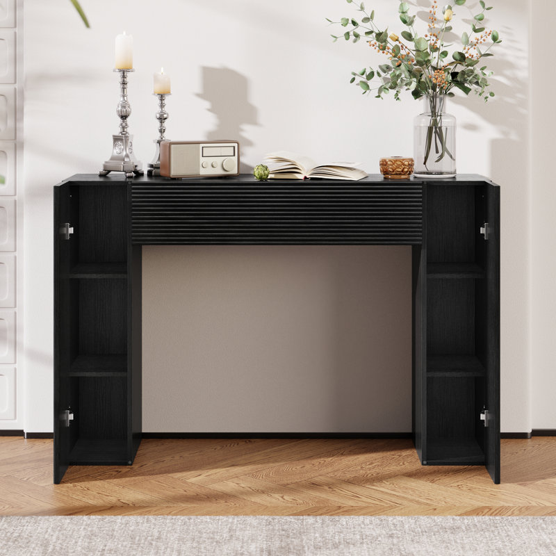 Console étroite cannelée de 43,3 po avec rangement dissimulé et tablettes réglables pour le vestibule, noir, Noir