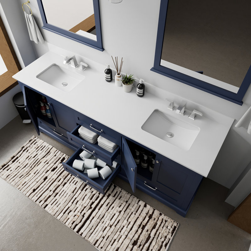 Ensemble de meuble-lavabo double avec plateau en marbre de culture et robinet, Marine