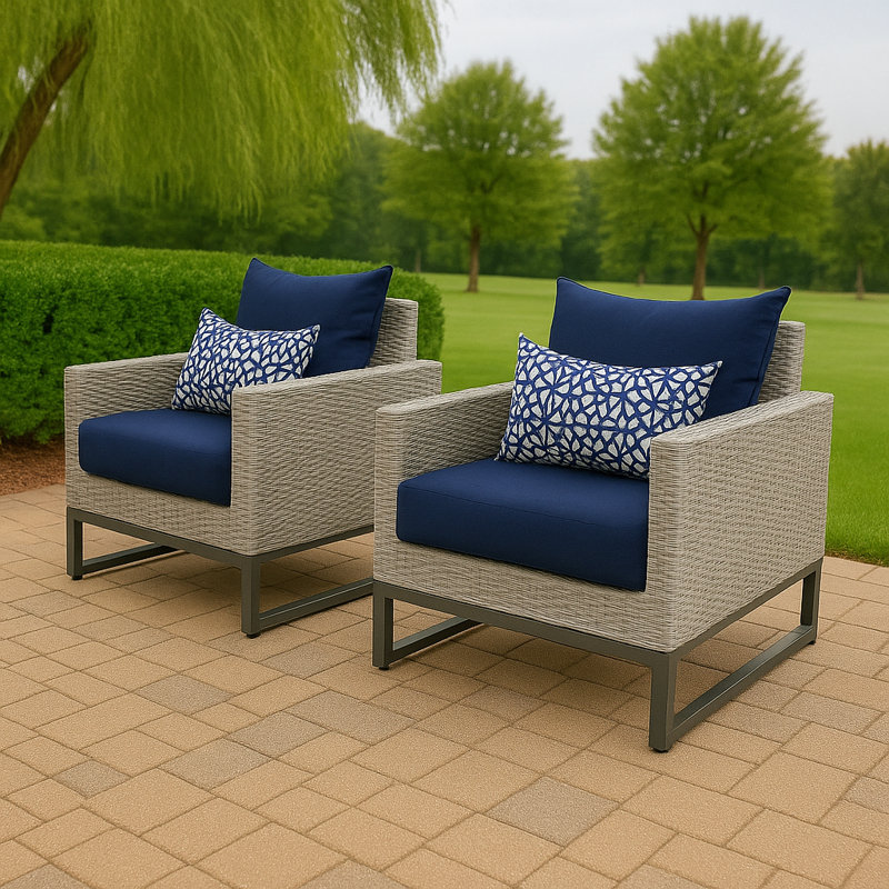 Sameko 2Pc Sunbrella Outdoor Club Chairs, Gray, White/Stripped