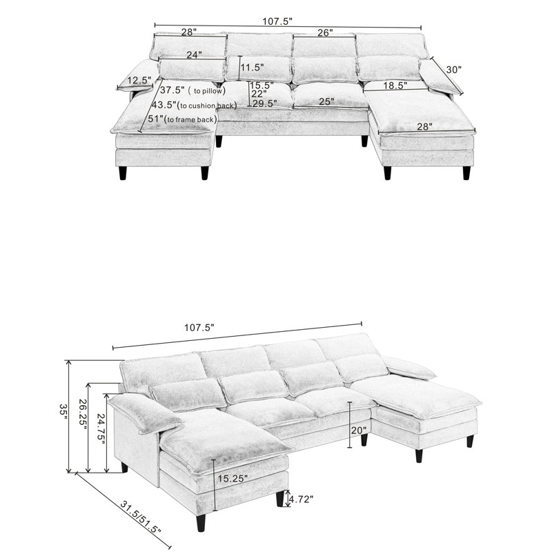Canapé modulaire rembourré en U avec méridienne pour salon 107,62 ", Polyester gris