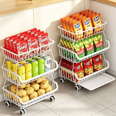 White 3-Tier Rolling Wire Pantry Storage Trolley on Castor Wheels, Stackable Floor Snack Organiser Rack, Fruit & Vegetable Storage Basket Stand for Potatoes, Onions, Dry Food & Pantry Supplies