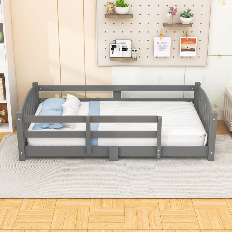Wood Floor Bed with Safety Guardrails, Gray, Twin
