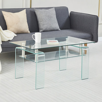 Rectangle Clear Glass Coffee Table, Modern Glass Coffee Table For Living Room, 2-Tier Storage Center Coffee Table,Tempered Glass Tea Table