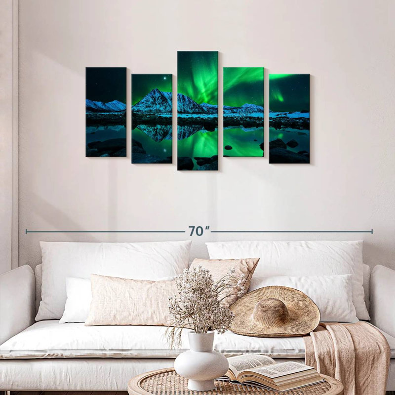 Northern Lights sur toile, reproduction de 5 pièces, H 24 po x l 49 po x P 1,25 po