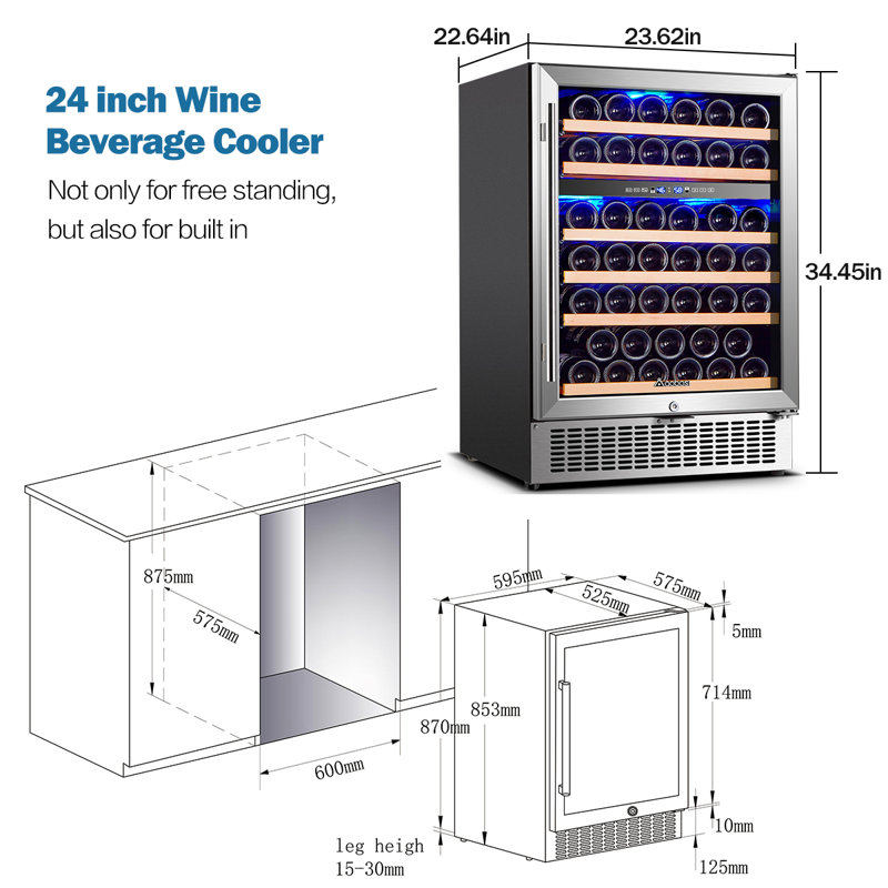 Réfrigérateur à vin 24 po pour 46 bouteilles, deux zones de température, refroidissement à faible vibration et installation à DEL douce, encastrée ou autoportante