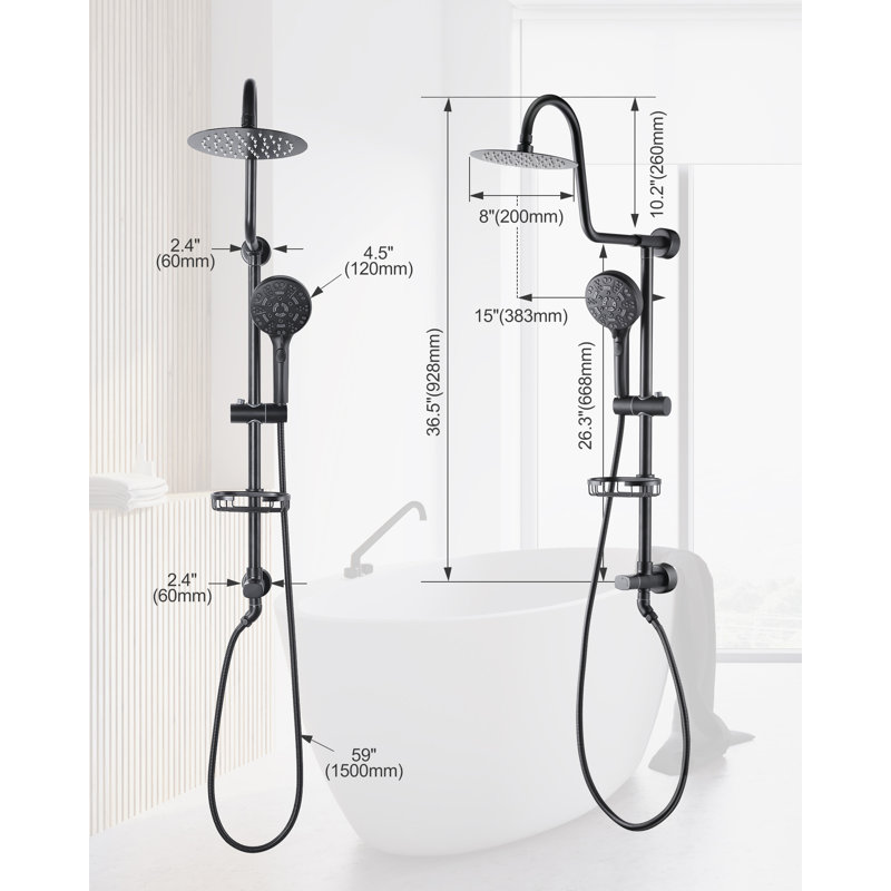 Shower System with 8" Rain Showerhead, 8-Function Hand Shower, Adjustable Slide Bar and Soap Dish, Matte Black