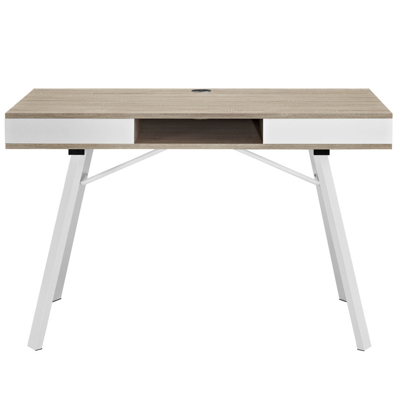 White and Oak Trestle Base Writing Desk with Drawer