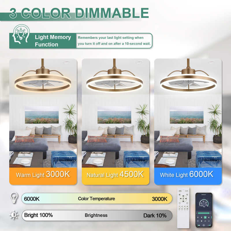 24 Inch Smart Ceiling Fans With Lights And APP Control, Modern 6 Speeds LED Dimmable Fandelier Ceiling Fan For Bedroom, Gold