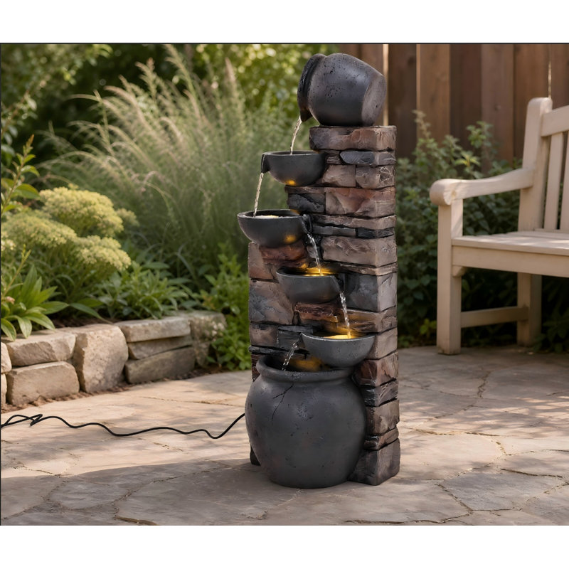  45" 5-Tier Cascading Stacked Stones & Clay Pot Weather Resistant Outdoor Water Fountain with LED Lights Grey, Gray