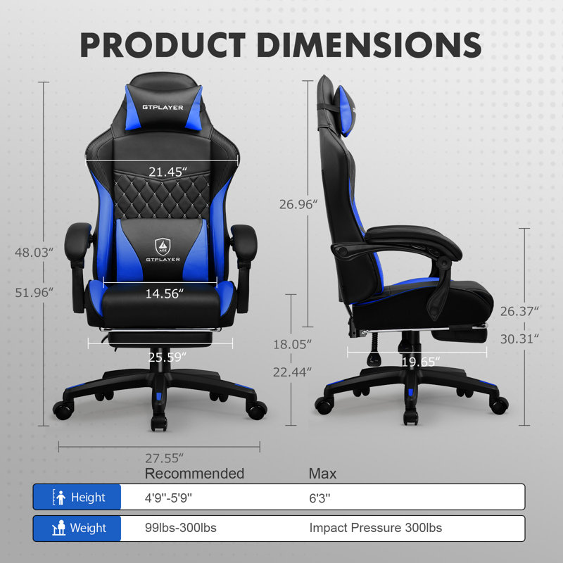 GTPLAYER GAMING CHAIR Adjustable Reclining Ergonomic Faux Leather Swiveling PC & Racing Game Chair, Blue