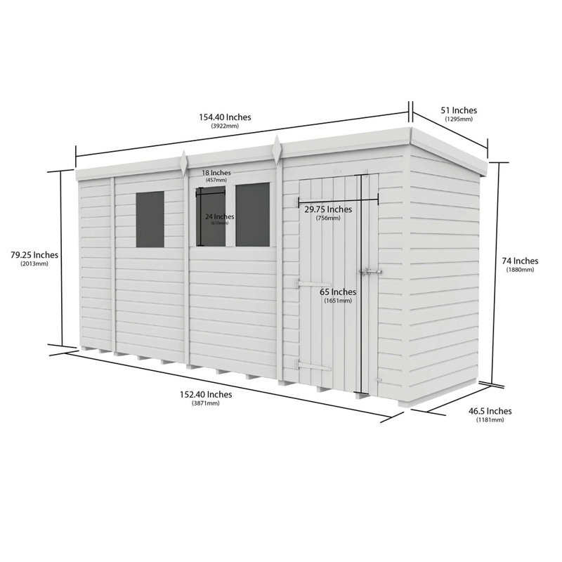13ft x 4ft Pent Shed - Double Door with Windows