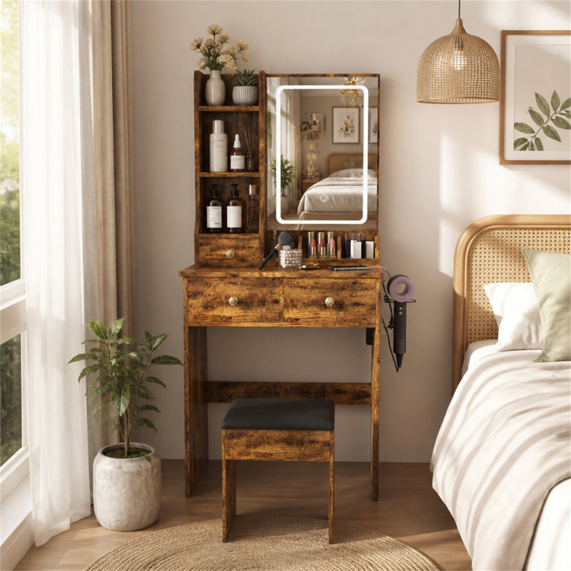 Bureau de coiffeuse avec tiroirs et tablettes de rangement, coiffeuse avec support pour sèche-cheveux et prise de courant, une coiffeuse
