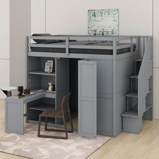 Full Size Loft Bed With Wardrobe,Desk And Shelves