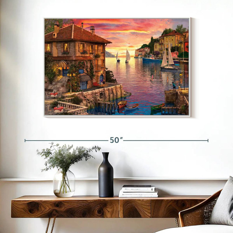 Le port méditerranéen, Cadre flottant blanc, 40 po x 27 po