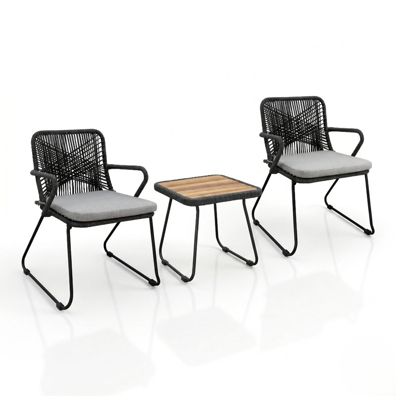 Bristol Modern 3-Piece Outdoor Bistro Conversation Set - Stackable Rope Woven Patio Dining Chairs with Cushions - Solid Acacia Wood Top Table (Set of 2 Chairs + 1 Table)
