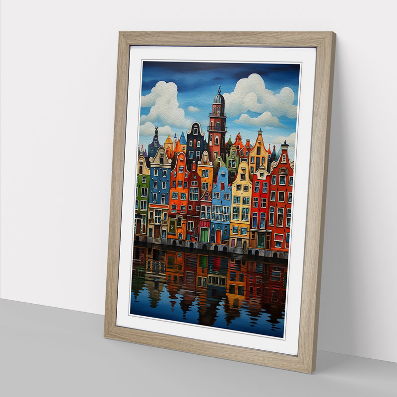 XYZ-FRM-V1223-1800 Amsterdam Hard Edge Painting - Single Picture Frame Print on Wood, 34cm H x 25cm W x 2cm D, Oak