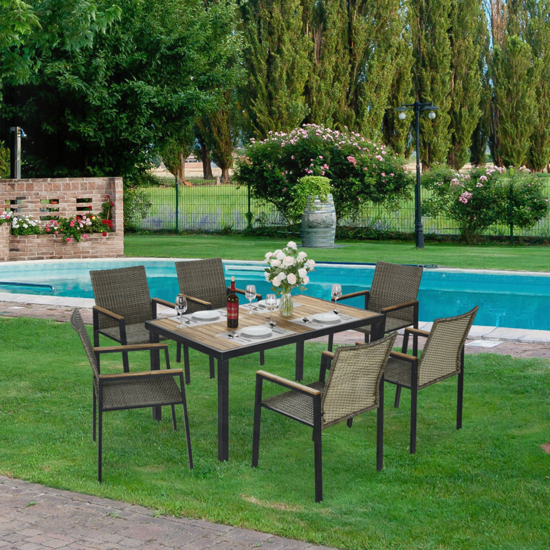 Ensemble de table de salle à manger 7 pièces avec patio en bois d'acacia et rotin PE