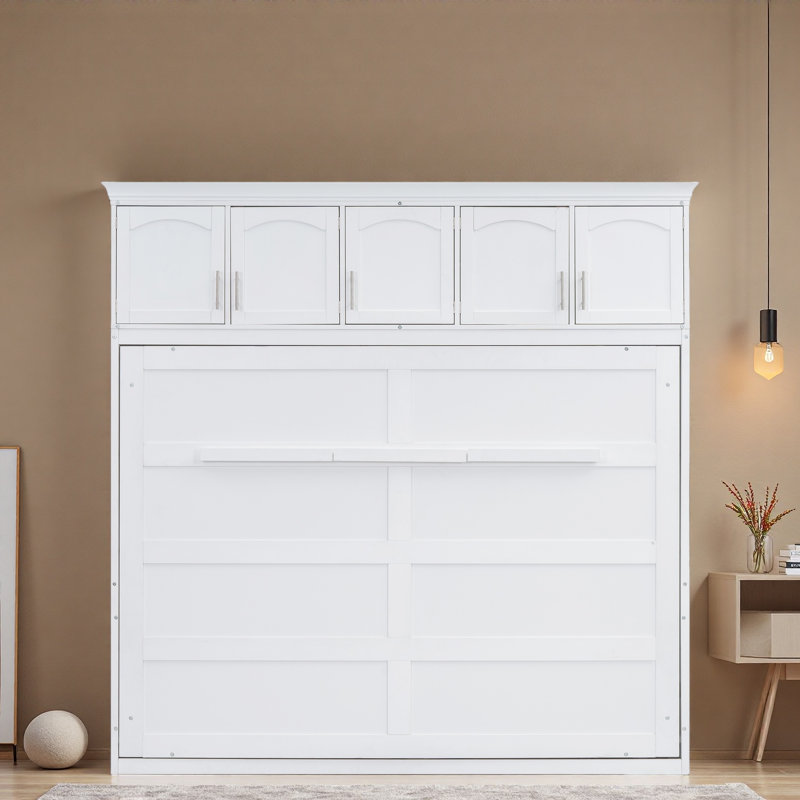 Lit escamotable mural avec armoires supérieures Murphy, Lit double, Blanc
