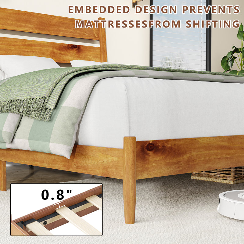 Base de lit en bois massif avec tête de lit ergonomique Flennory, Grand lit, Caramel