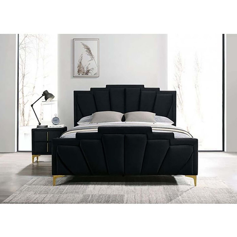 Lit plateforme tapissier Rondol, Grand, Noir / doré
