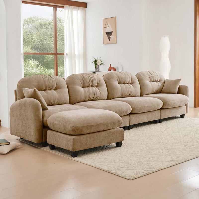 Canapé modulaire en chenille 4 places avec 2 coussins et repose-pieds, Chameau