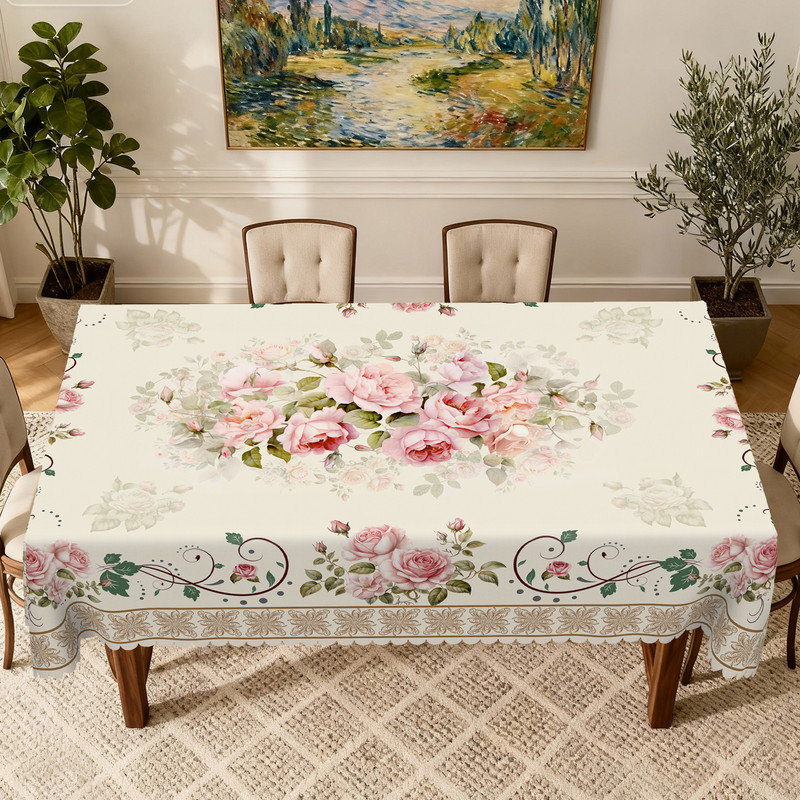 Pink Rose Floral Design Machine-Washable Polyester Tablecloth, 86.6" L x 70.8" W
